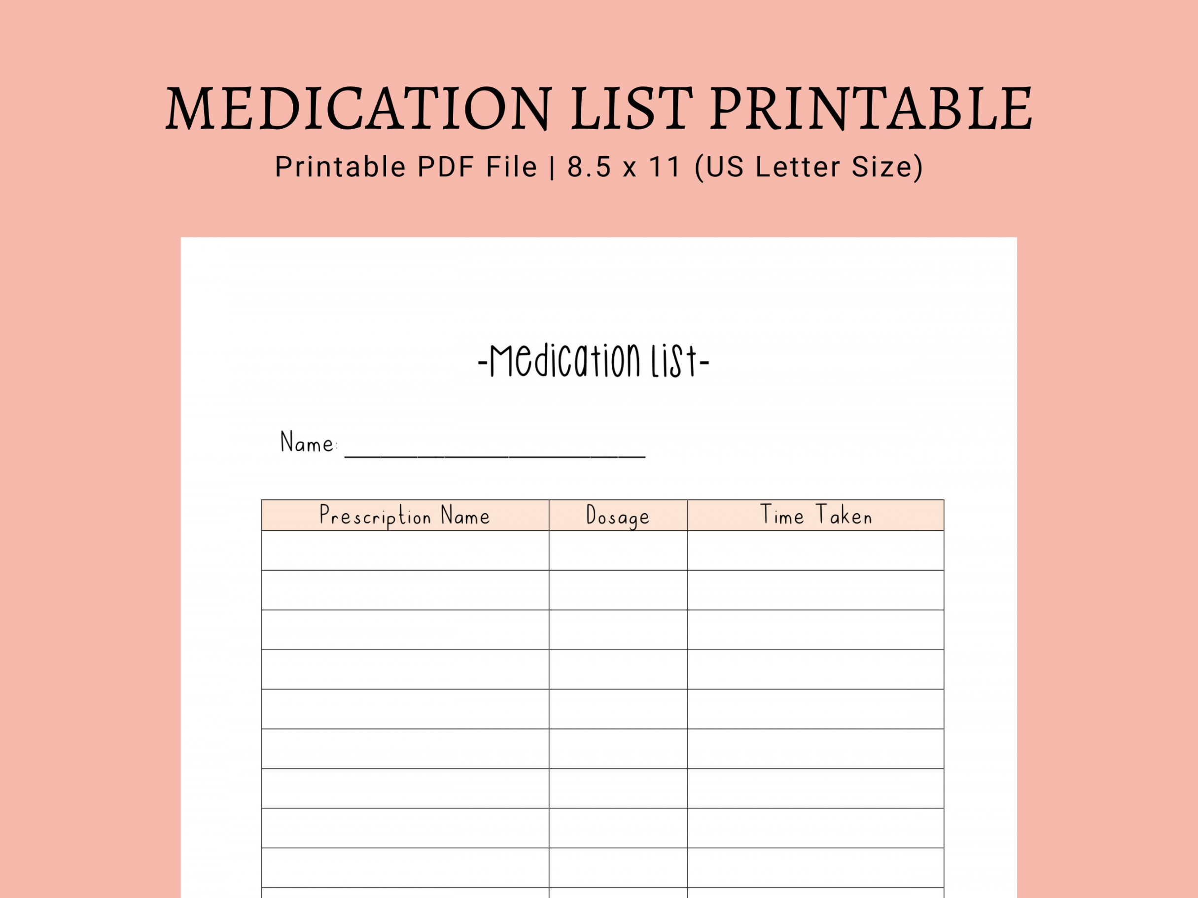 Medication List Printable Printable PDF List (Instant Download