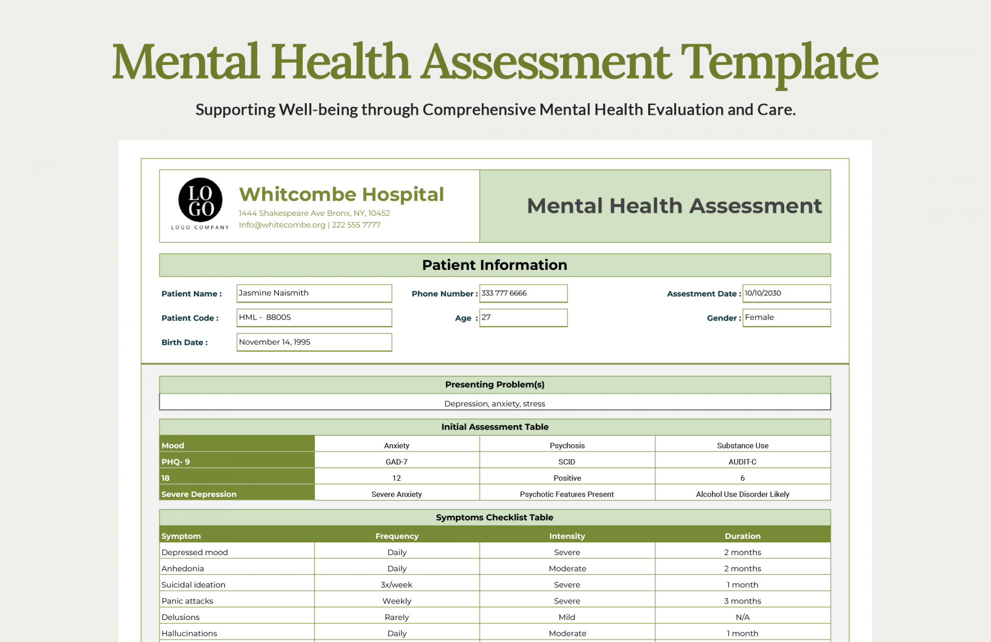 Mental Health Assessment Template - Download in Excel, Google