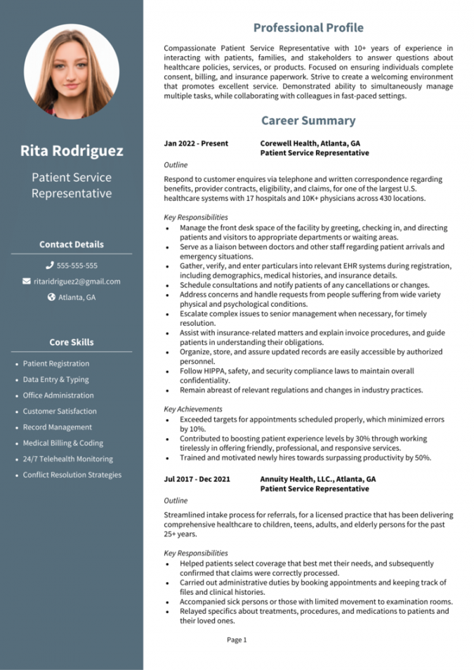 Patient Service Representative resume example [Get noticed]