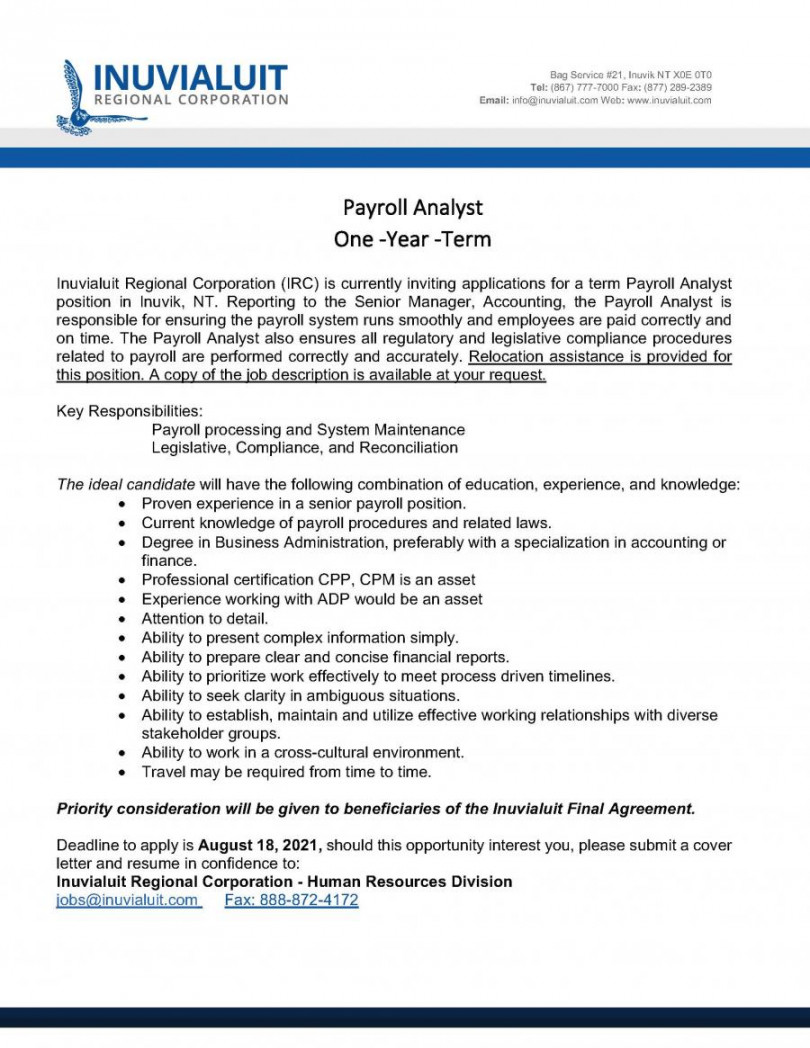 Payroll Analyst  Year Term  Inuvialuit Regional Corporation (IRC)