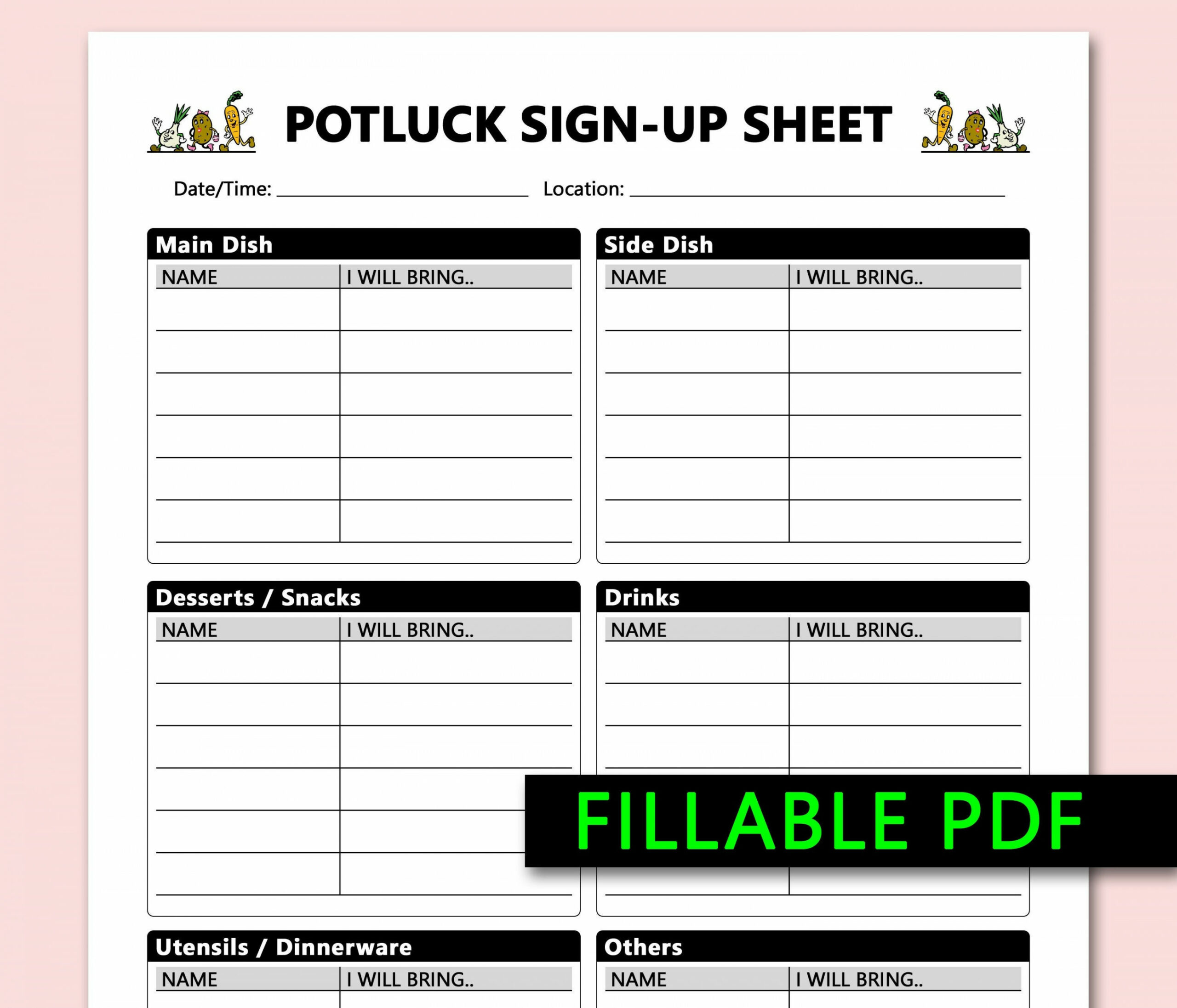 POTLUCK Sign Up Sheet druckbare ausfüllbare PDF bringen und - Etsy