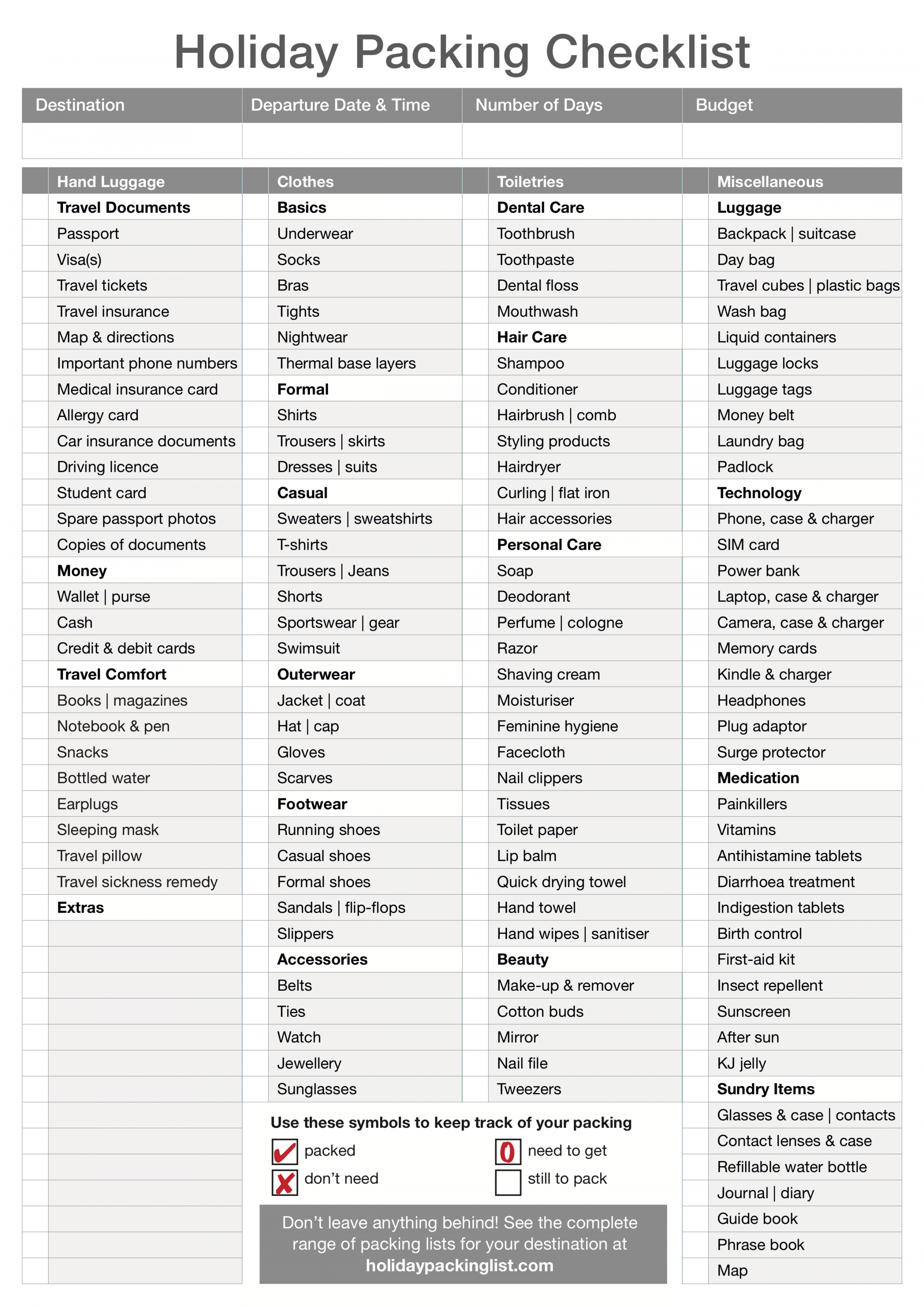 Printable Holiday Packing List PDF  - Holiday Packing List