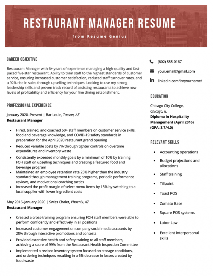 Restaurant Manager Resume Example & Tips for Writing