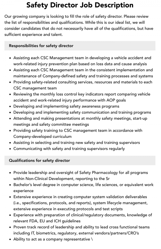 Safety Director Job Description  Velvet Jobs