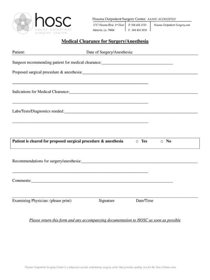 Surgical Clearance Form - Fill Online, Printable, Fillable, Blank