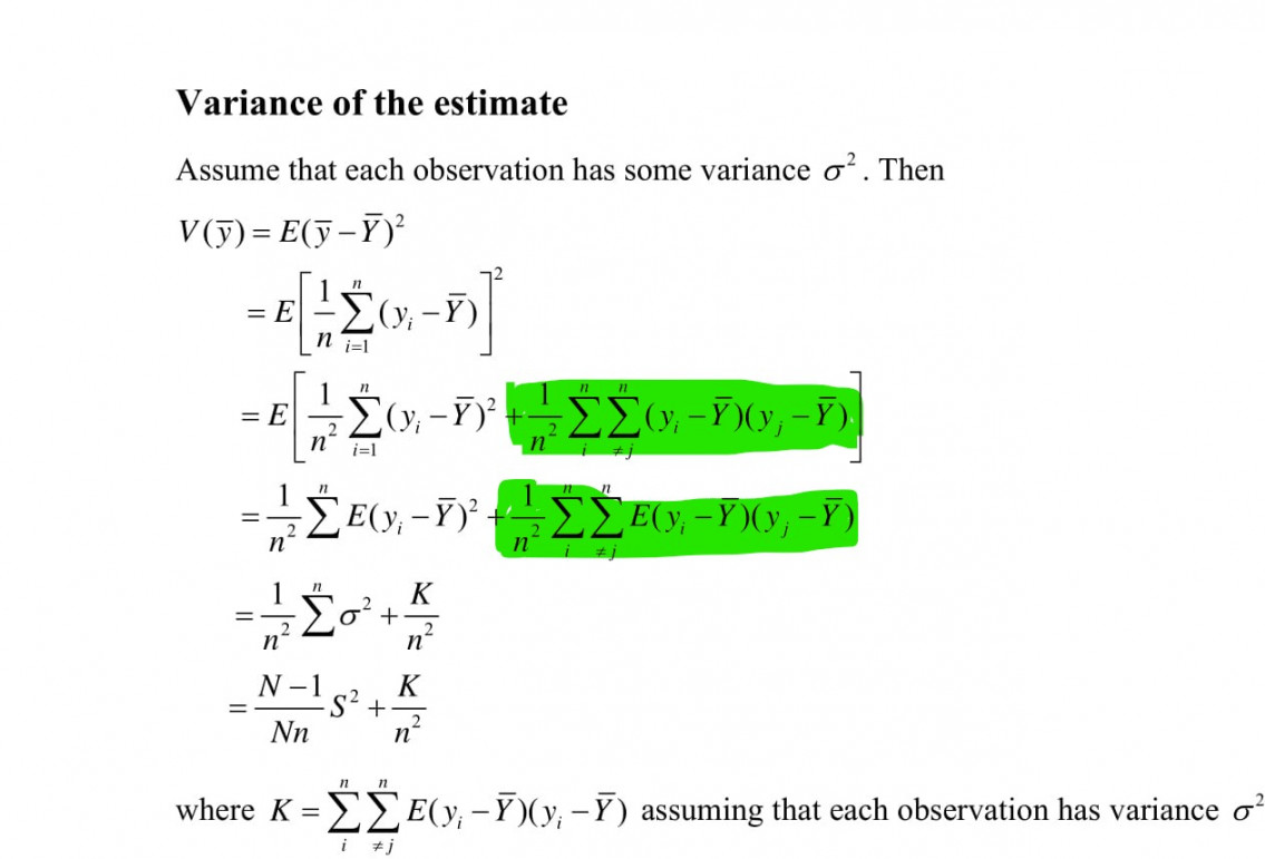 survey sampling - variance of sample mean using srswor - Cross