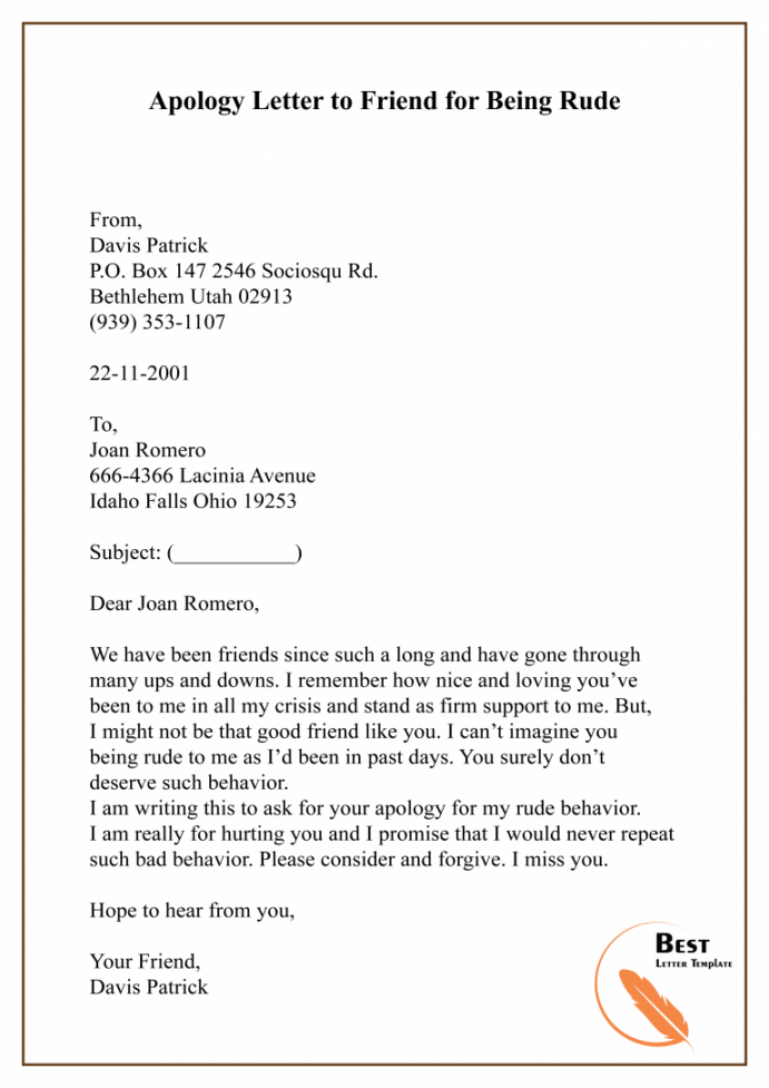 Apology Letter Template to a Friend – Sample Example  Apology