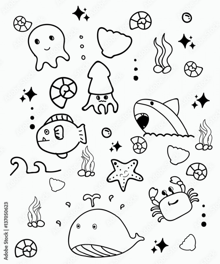 Doodle Cute marine life,doodle drawing style