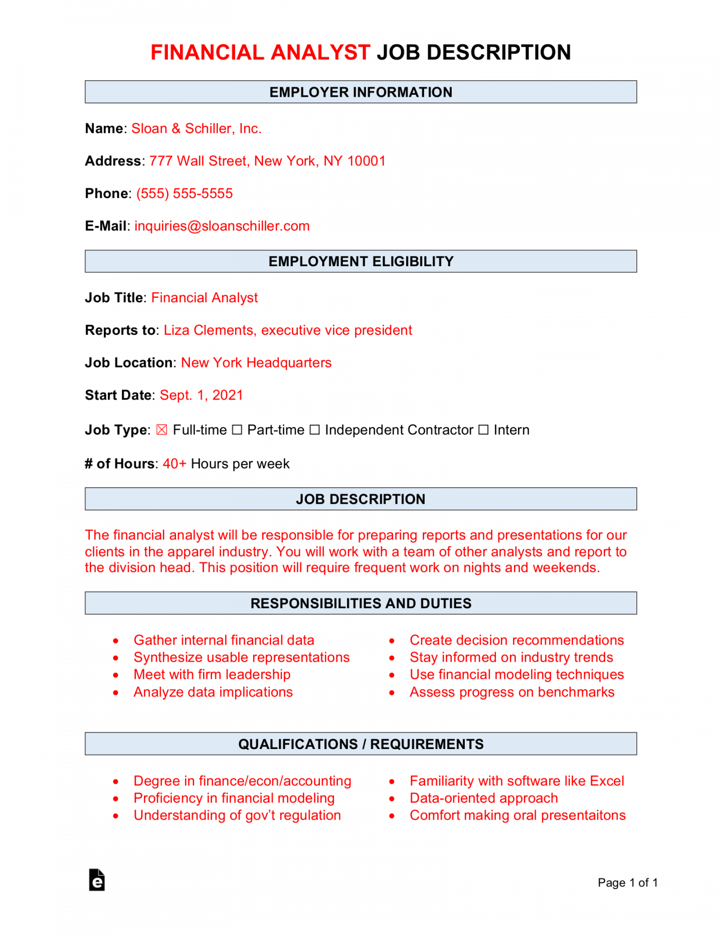 Free Financial Analyst Job Description Template  Sample - PDF