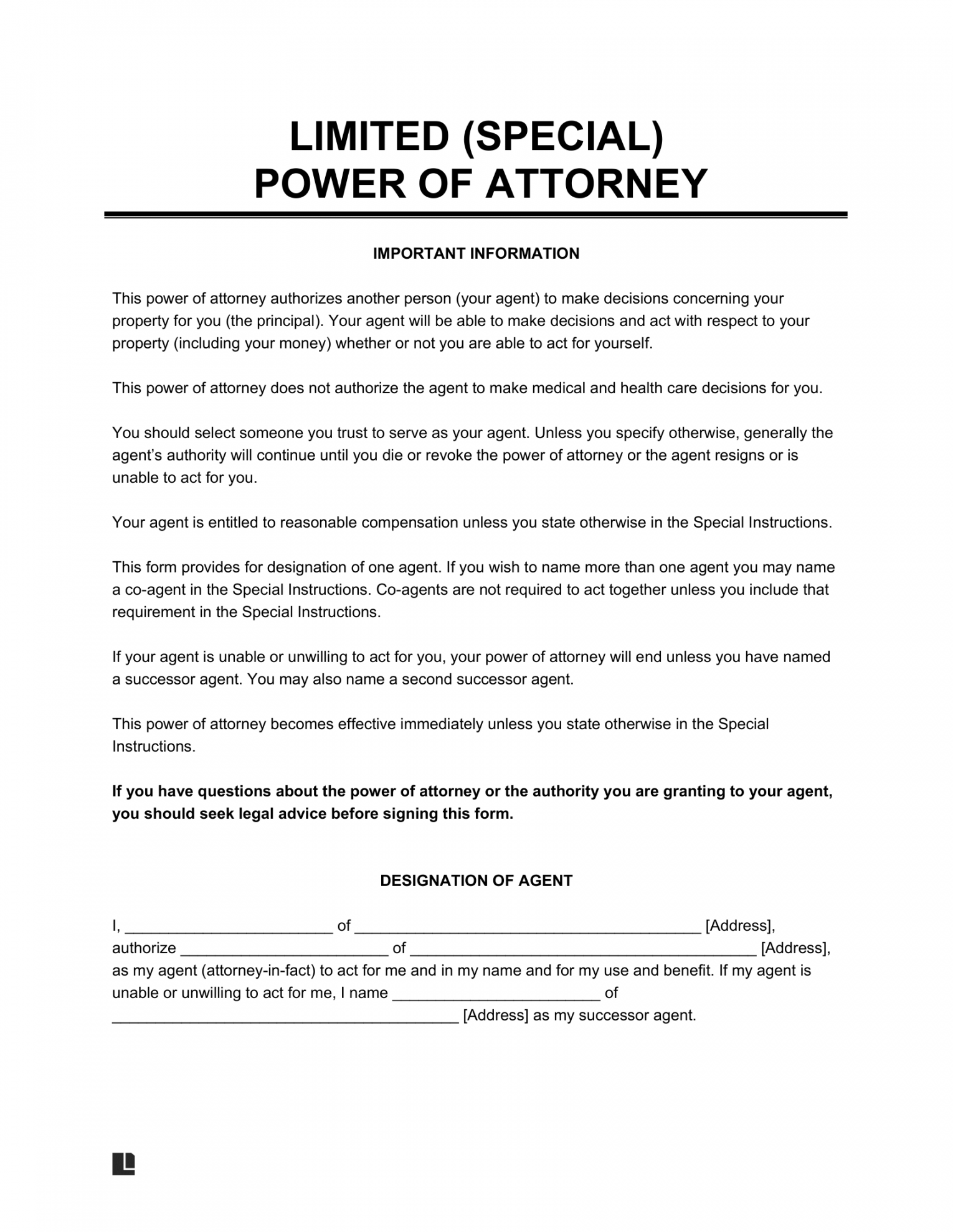 Free Limited (Special) Power of Attorney Form  PDF & Word