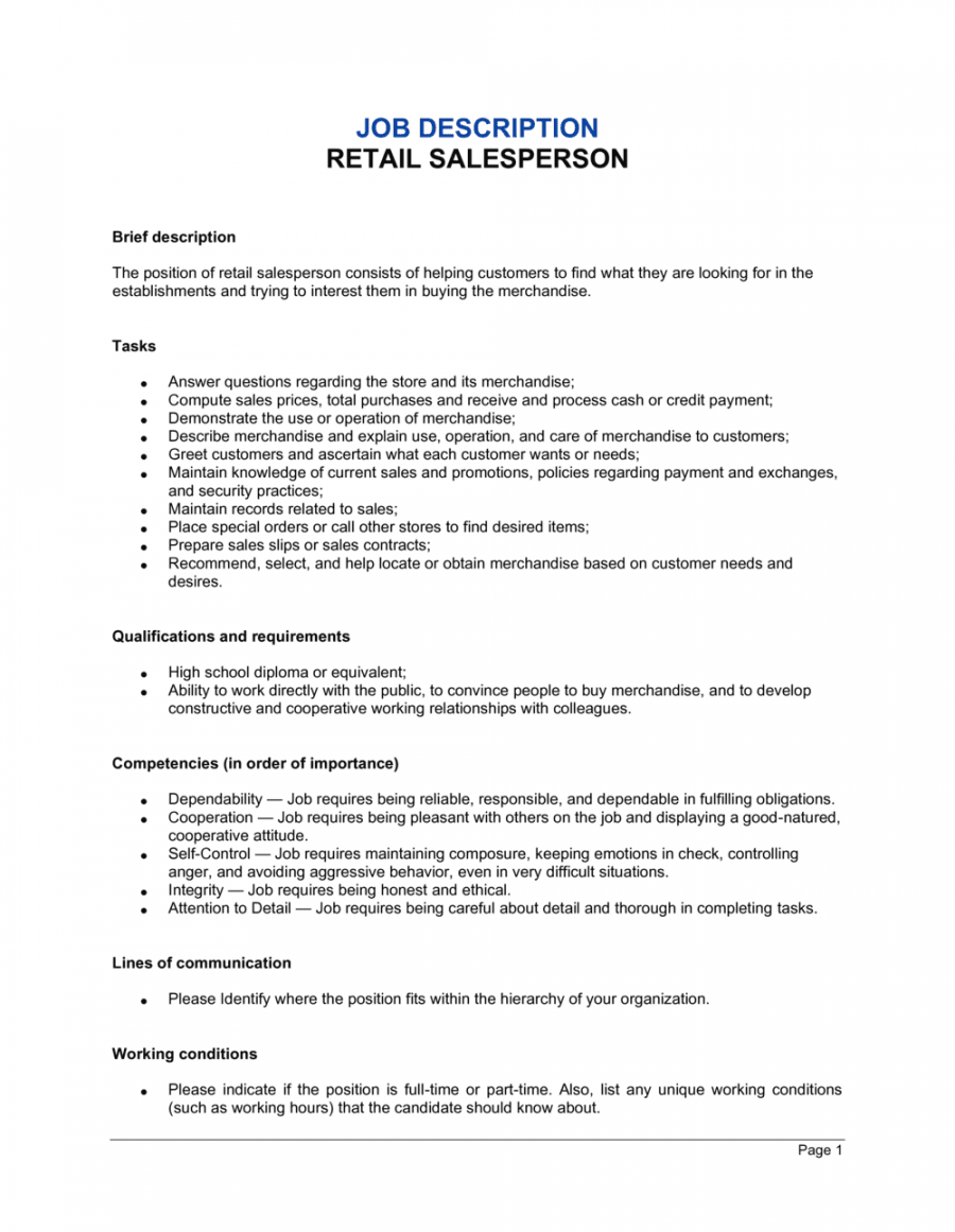 Retail Salesperson Job Description Template  Business-in-a-Box™