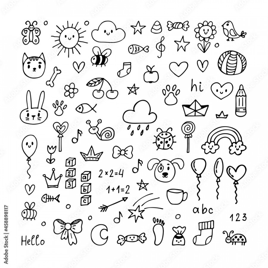 Set of hand drawn elements. Cute doodle art