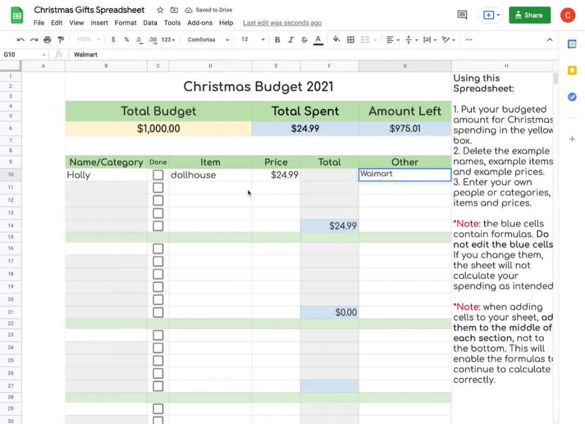 Simple Christmas Gift Tracker and Budget Template Spreadsheet for Google  Sheets