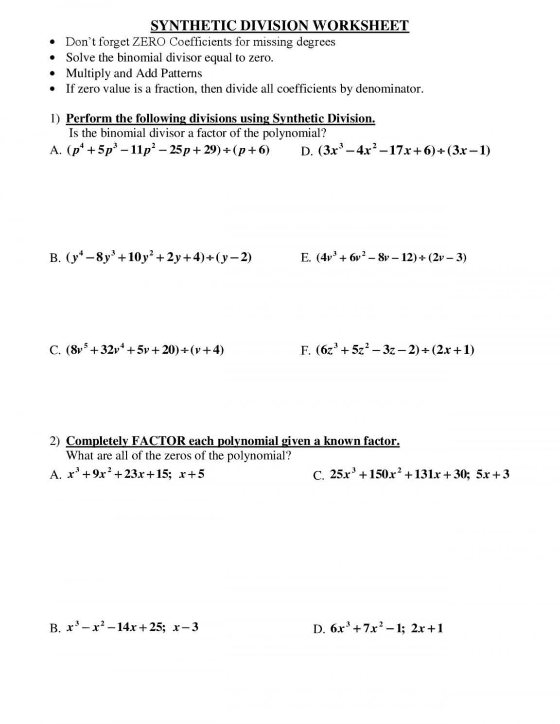 SYNTHETIC DIVISION WORKSHEET  Exercises Calculus  Docsity